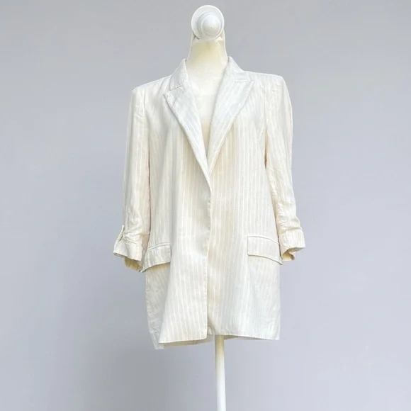 Zara Linen Blend Lightweight Open Front Blazer in Cream Pinstripe Sz Medium - Picture 8 of 16